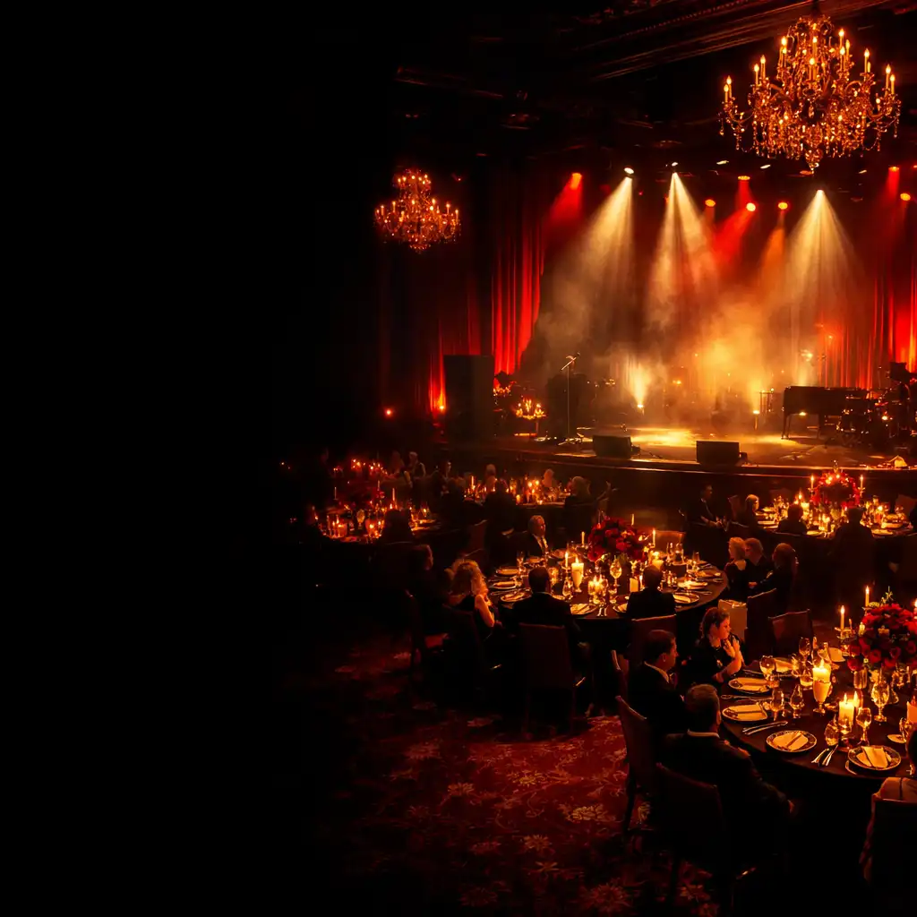 Elegancka gala firmowa z dramatycznym oświetleniem i scenografią
